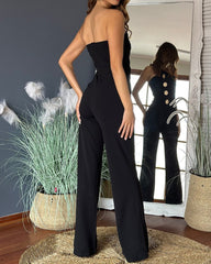 Sexy Tube Top Button-Decorated Flared Jumpsuit