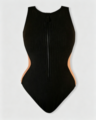 Ribbed Zip-Front Lace-Up Back Cutout One-Piece Shaping Swimsuit