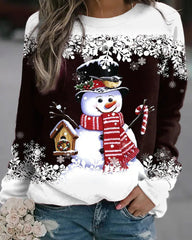 Christmas Snowman Print Round Collar Long Sleeves