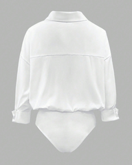 Collared V-Neck Rolled Sleeve Shirt Bodysuit