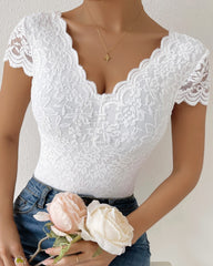 Sexy Deep V Neck Lace Short Sleeve One Piece Bodysuit