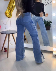 Jeans Cargo Pants for Women Y2K Straight Leg Side Zipper Denim Pants with Pockets Stretch Jeans Streetwear