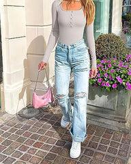 Button-Front Square-Neck Ribbed Triangle Bodysuit