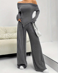 Casual Knitted Off-Shoulder Wide-Leg Trousers Two-Piece Set