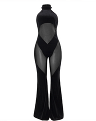 See-Through Flared Pants Backless Halter-Neck Tulle Jumpsuit