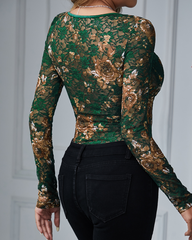 Elegant Lace Floral Square Neck Tulle Long Sleeves Underwire Bodysuit