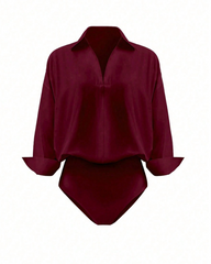 Collared V-Neck Rolled Sleeve Shirt Bodysuit