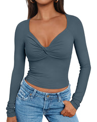 Twist Front Long Sleeve T-Shirt Slim Fit Top