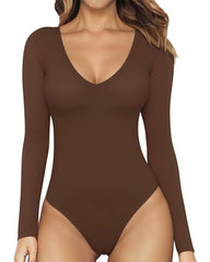 V-Neck Long Sleeve Form-Fitting Bodysuit