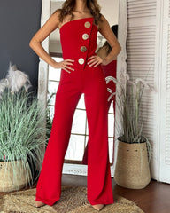Sexy Tube Top Button-Decorated Flared Jumpsuit