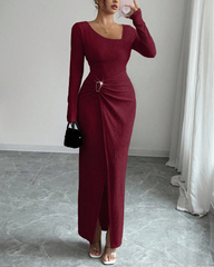 Irregular Neckline Solid Color Knit Texture Long Sleeve Maxi Dress