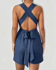 Cross-Back Halter Tie Waist Linen Romper Shorts