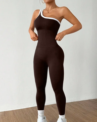Stylish Slim-Fit Color-Blocked Asymmetrical Neckline Knit Yoga Jumpsuit