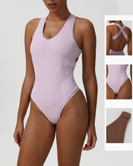 Ribbed U-Neck Cross-Back Sleeveless Tummy Control Bodysuit