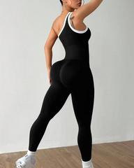 Stylish Slim-Fit Color-Blocked Asymmetrical Neckline Knit Yoga Jumpsuit