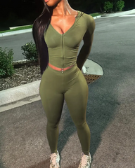 Casual Slim-Fit V-Neck Long-Sleeved Top And High-Waisted Skinny Pants Two-Piece Set