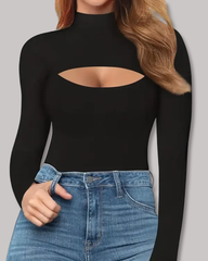 High-Neck Openwork Design Slim-Fitting Long-Sleeved Bodysuit