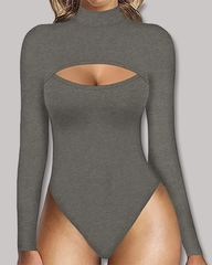 High-Neck Openwork Design Slim-Fitting Long-Sleeved Bodysuit