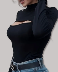 High-Neck Openwork Design Slim-Fitting Long-Sleeved Bodysuit