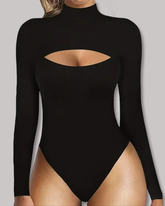 High-Neck Openwork Design Slim-Fitting Long-Sleeved Bodysuit