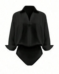 Collared V-Neck Rolled Sleeve Shirt Bodysuit