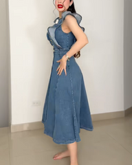 Waist Tie Ruffle Sleeve Button Front Denim Skirt