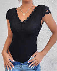 Sexy Deep V Neck Lace Short Sleeve One Piece Bodysuit