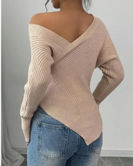 Off The Shoulder Soft Stretch Wrap Around Asymmetrical Ribbed Sweater