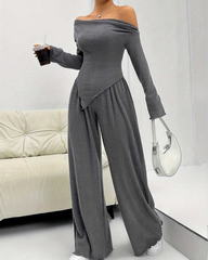 Casual Knitted Off-Shoulder Wide-Leg Trousers Two-Piece Set