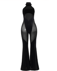 See-Through Flared Pants Backless Halter-Neck Tulle Jumpsuit
