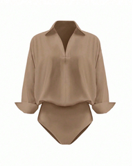 Collared V-Neck Rolled Sleeve Shirt Bodysuit