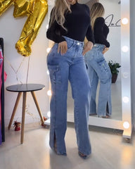 Jeans Cargo Pants for Women Y2K Straight Leg Side Zipper Denim Pants with Pockets Stretch Jeans Streetwear