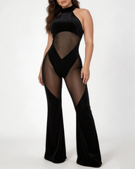 Halter Neck Mesh Panel Flare Jumpsuit