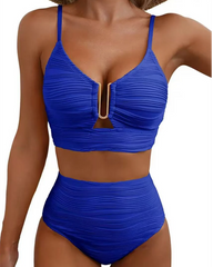 Two-Piece Bikini Set U-Shaped Underwire Hollow High Waist Textured Swimsuit