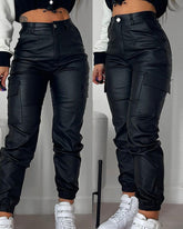 Zipper Pleated PU Casual Patch Pocket Skinny Pencil Trousers