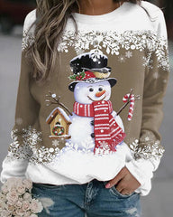 Christmas Snowman Print Round Collar Long Sleeves