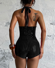 Elegant And Sexy Slim-Fitting Rhinestone Stretch Deep V Jumpsuit