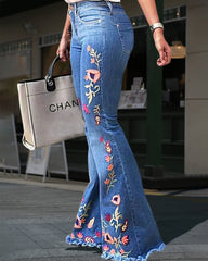 High-Elastic Embroidered Flared Jeans