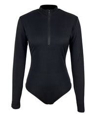 Zipper Front Long Sleeve Sexy Ribbed Long Sleeve Tights