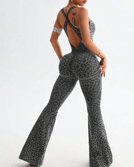 Leopard Print Cross-Back Butt Lifting Flared Jumpsuit