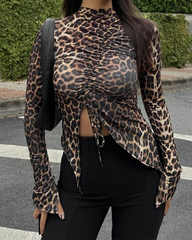 Hot Girl Leopard Print Women's Clothing Drawstring Navel-Exposed Tight Long Sleeve Tops T-shirt Wome