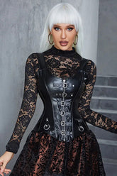 Black Faux Leather Buckle Corset Set