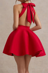 Red Halter Neck Mini Dress with Back Bow