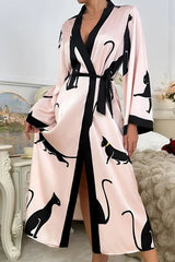 Satin Kimono Robe with Black Cat Print
