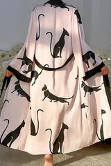 Satin Kimono Robe with Black Cat Print