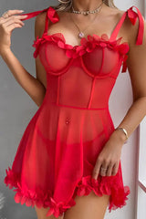 Red Mesh Babydoll with Flower Ruffle Trim