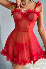 Red Mesh Babydoll with Flower Ruffle Trim