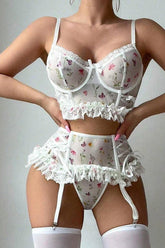 White Floral Lace Lingerie Set with Garter Belt