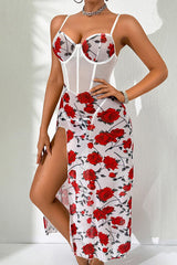 Sheer Rose Print Mesh Corset Dress