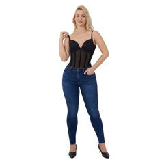 Black Plunge Backless Bodysuit Shaper With Built-In Bra And Velvet Boned Corset